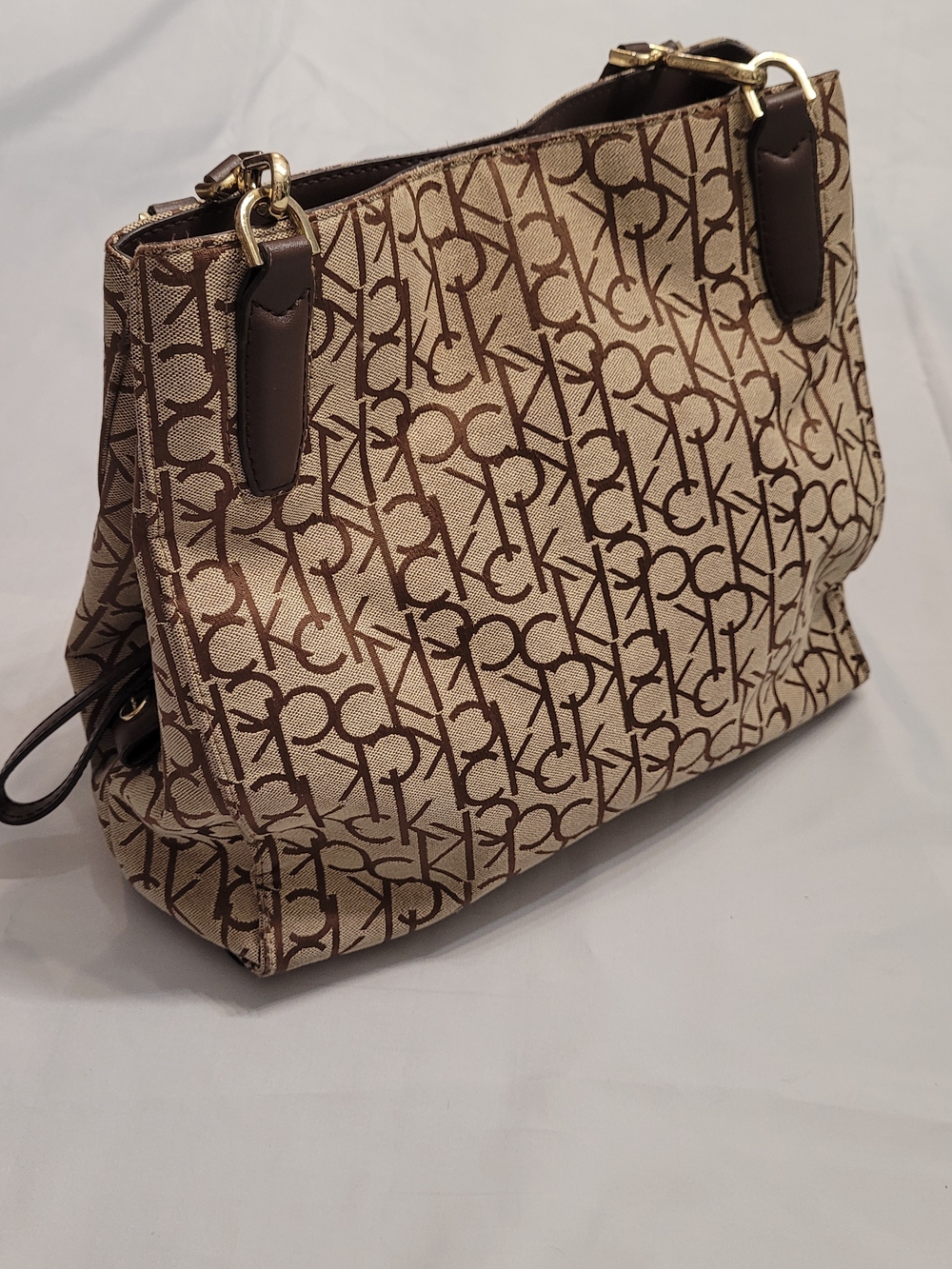 Calvin Klein CK Monogram Jacquard Satchel Shoulder Bag Brown Beige